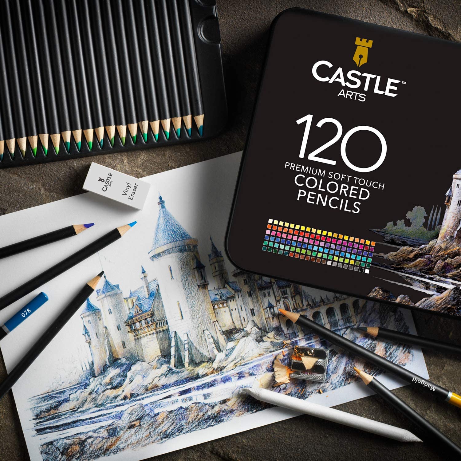Castle Arts Supplies, 120 Premium Soft Touch Colored Pencils, Zip